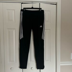 Adidas joggers 3 stripe black and white pants, size medium, 100% polyester